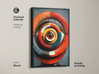 Framed canvas of a red orange blue abstract geometric eye. The black floating frame enhances this psychedelic optical illusion. This modern artwork brings a unique touch to any room. Perfect as office wall decor or eclectic home art. It is a striking piece for modern living rooms. Ready to hang and adds vibrant color.