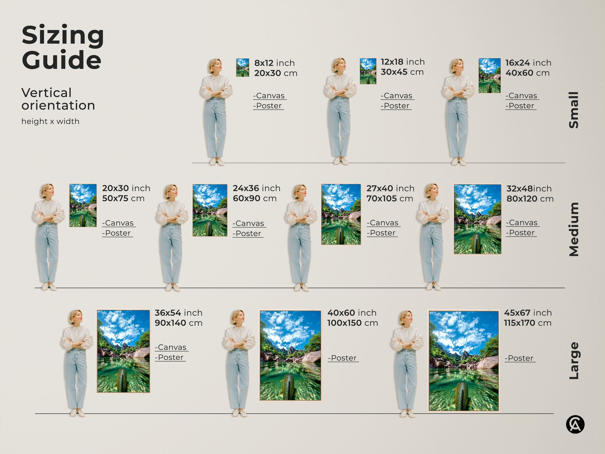 See our Vertical orientation sizing guide. Visualize the perfect fit with models showcasing canvas and poster prints. Sizes range from small 8x12 to large 45x67 art. Find the ideal realistic nature photography print for your home. Shop blue green landscape art.