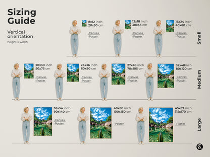 See our Vertical orientation sizing guide. Visualize the perfect fit with models showcasing canvas and poster prints. Sizes range from small 8x12 to large 45x67 art. Find the ideal realistic nature photography print for your home. Shop blue green landscape art.