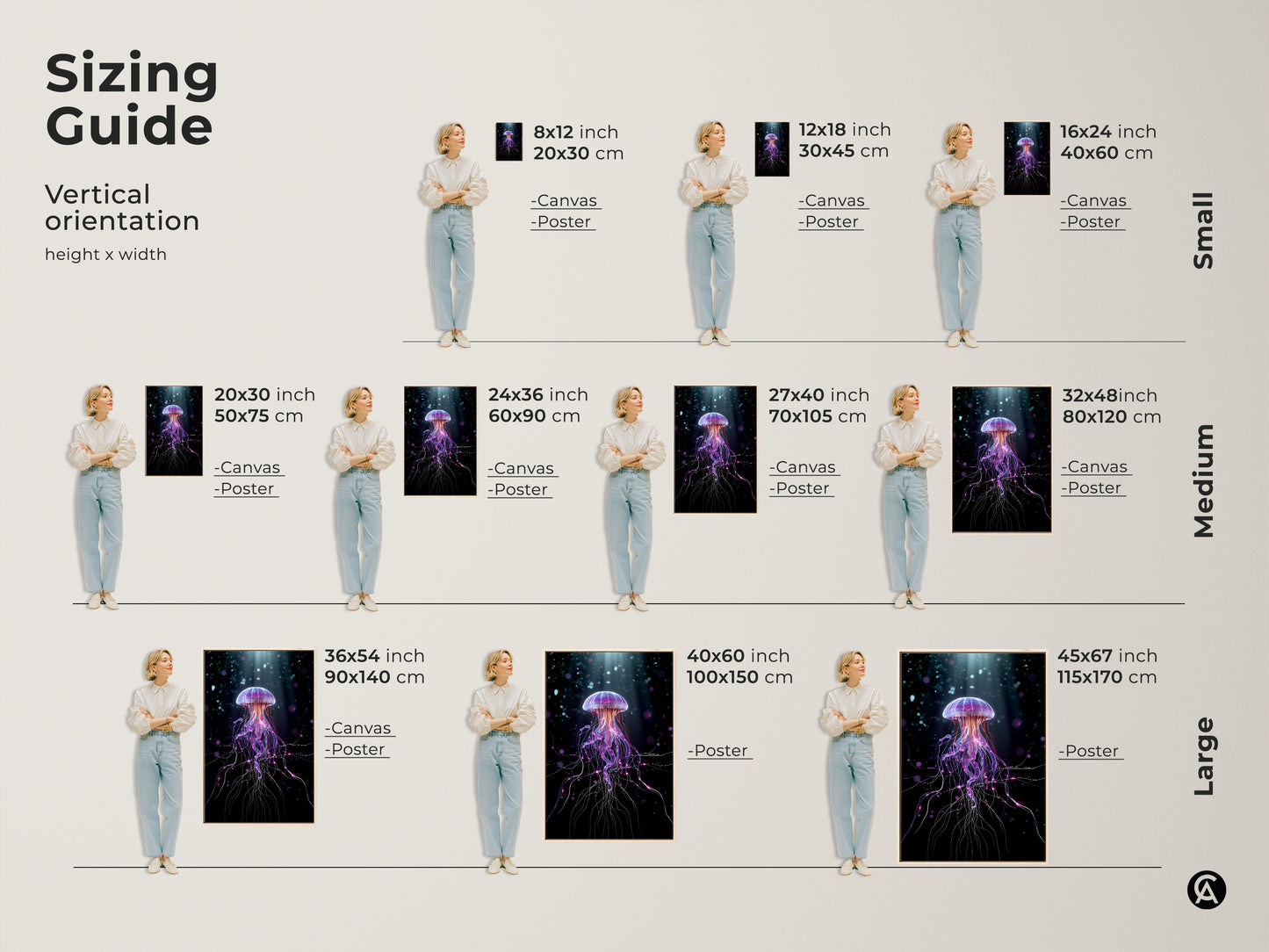 Sizing guide for vertical surreal jellyfish art prints. Visualize canvas and poster dimensions to fit your space. This purple and teal ocean life art adds abstract fantasy to your bedroom. Find the perfect size for your contemporary decor.