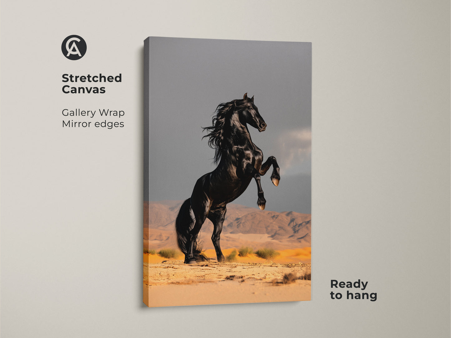 Stretched canvas gallery wrap of a rearing black horse. A modern equestrian artwork featuring mirror edges. Ready to hang and adds a touch of power to any room. Ideal for home decor or a thoughtful gift for equestrian theme enthusiasts.