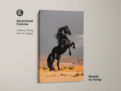 Stretched canvas gallery wrap of a rearing black horse. A modern equestrian artwork featuring mirror edges. Ready to hang and adds a touch of power to any room. Ideal for home decor or a thoughtful gift for equestrian theme enthusiasts.