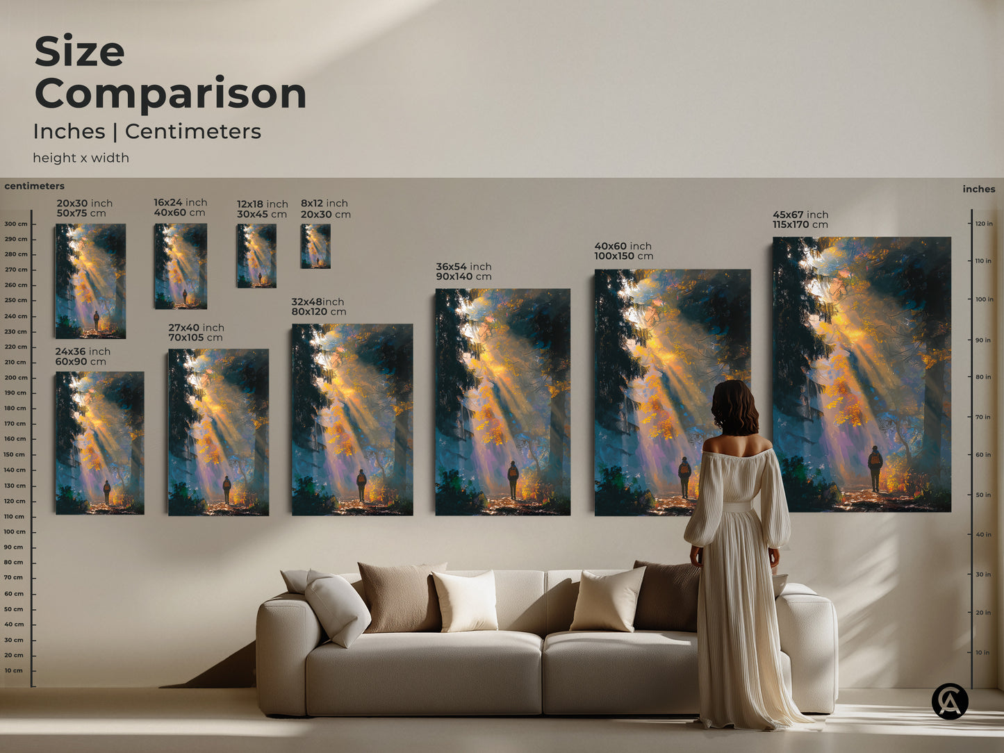 Size comparison of the forest hiker artwork in inches and centimeters. See how the art looks in different sizes above a couch. Choose the perfect dimensions for your living room or office. Transform your space with this captivating nature scene. Various sizes available for both canvas and poster.