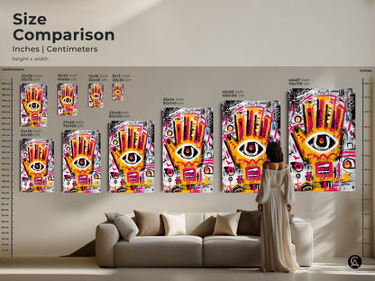 Size comparison of abstract artwork. See the yellow and pink hand with an eye in various dimensions. Find the perfect size for your space. Artwork available in inches and centimeters.
