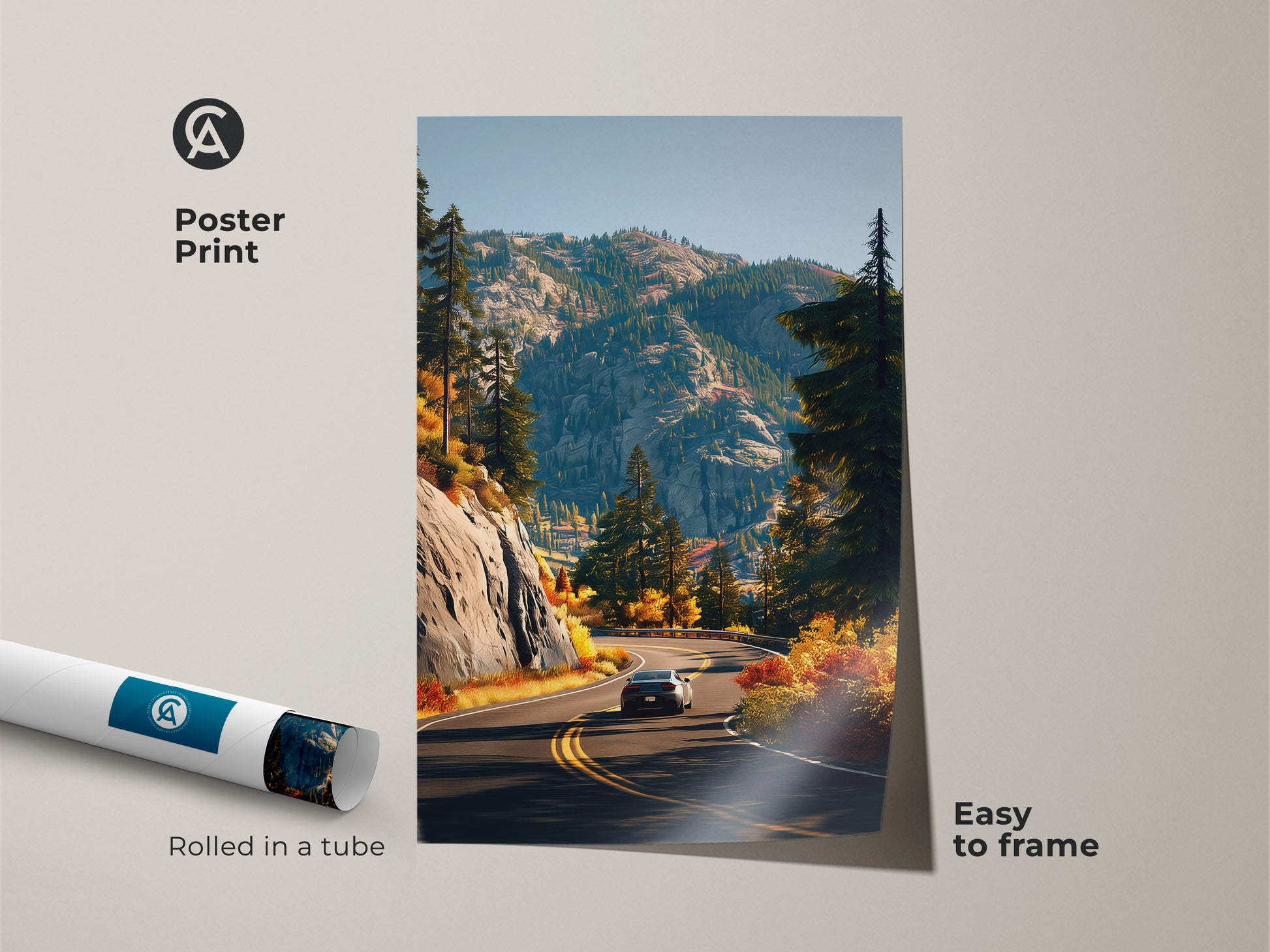 Poster print showcasing a scenic mountain road. A car is driving through autumn foliage. This easy-to-frame travel art is rolled in a tube. Ideal for nature enthusiasts. The print brings a touch of outdoor adventure to your wall. Great for modern farmhouse decor.