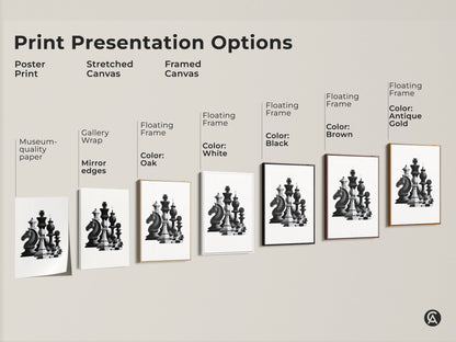 Explore print presentation options with this abstract chess canvas art. Choose from poster print stretched canvas or framed canvas. A monochrome strategy game artwork for any space. Ideal as a gift for strategy lovers.