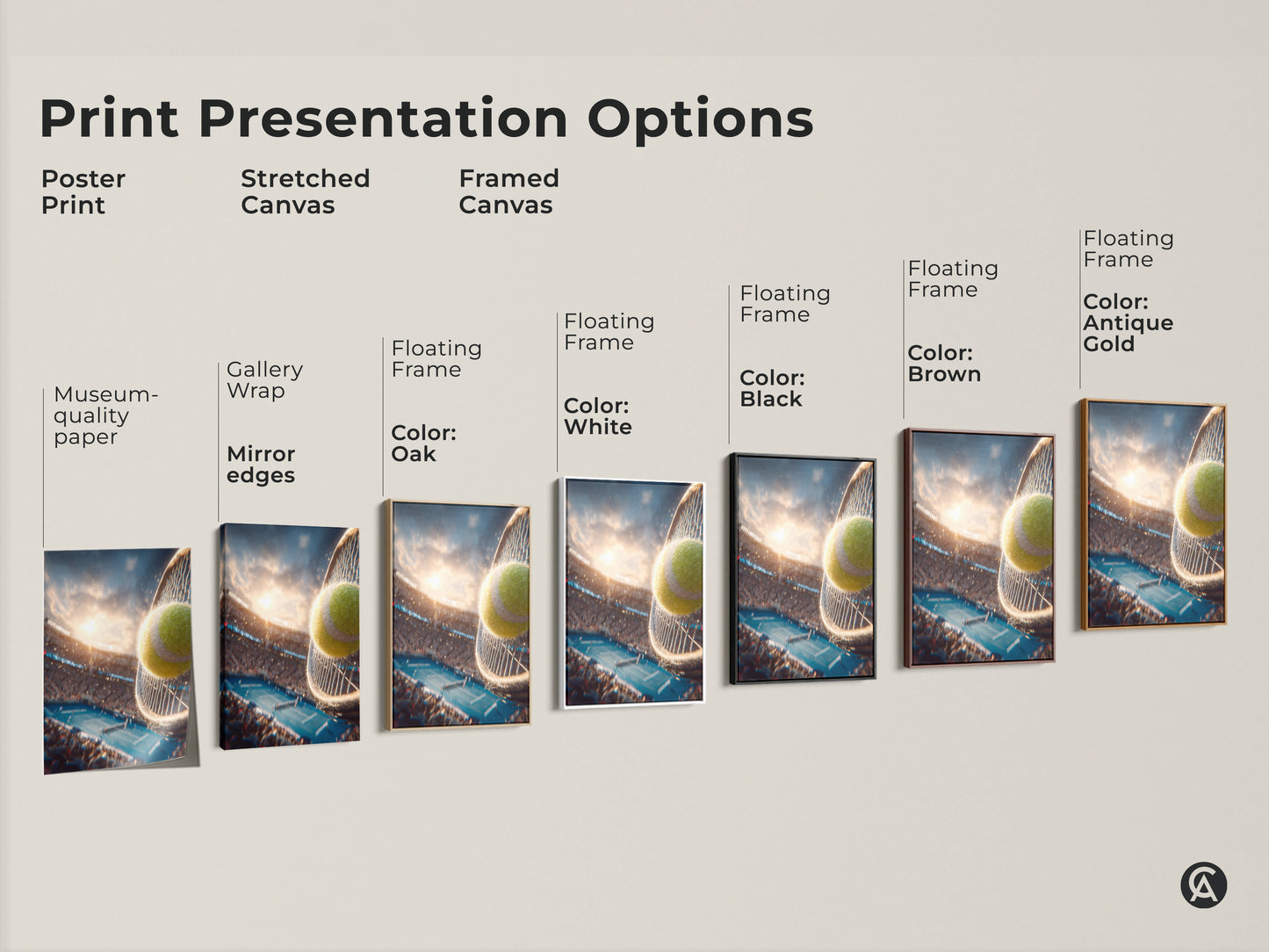 Print presentation options for tennis artwork. Options include poster print stretched canvas and framed canvas. Frame colors include white black brown and antique gold. Find the perfect style for your space.