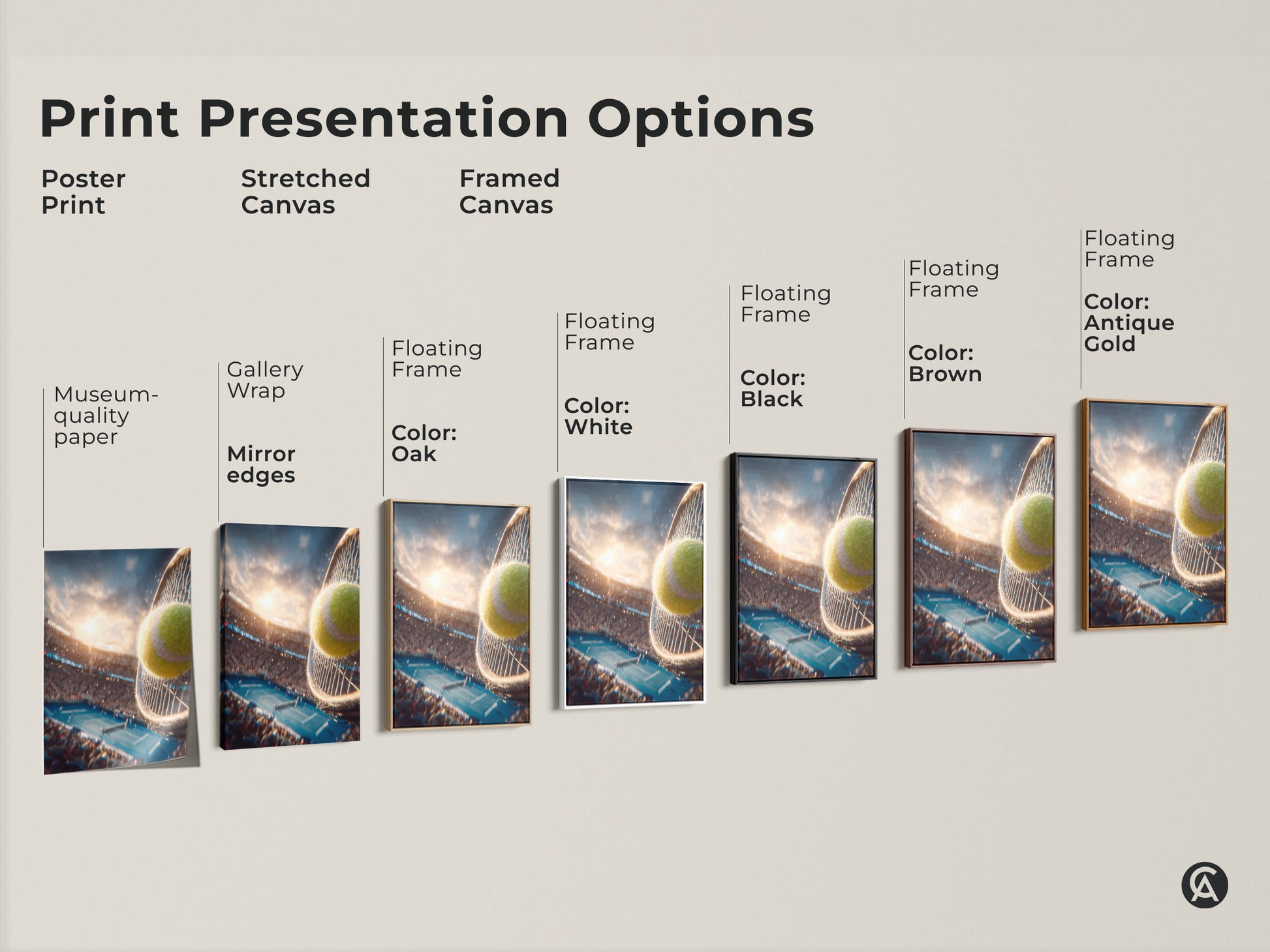 Print presentation options for tennis artwork. Options include poster print stretched canvas and framed canvas. Frame colors include white black brown and antique gold. Find the perfect style for your space.