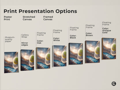 Print presentation options for tennis artwork. Options include poster print stretched canvas and framed canvas. Frame colors include white black brown and antique gold. Find the perfect style for your space.
