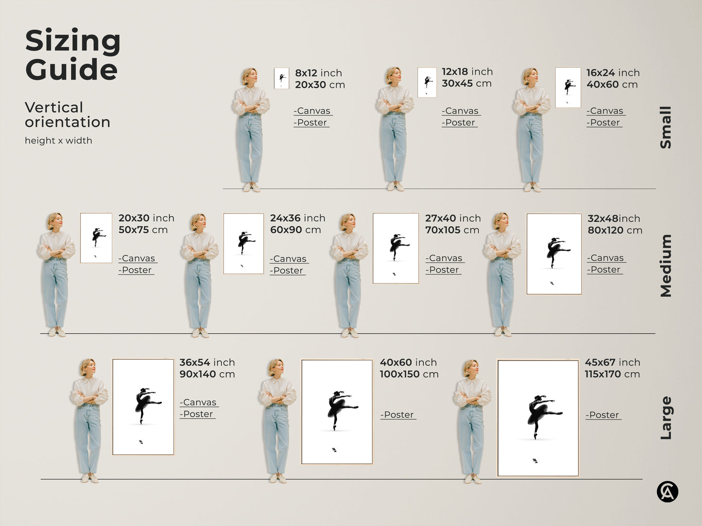 Sizing guide for vertical minimalist ballerina artwork. Black and white dancer print available in canvas and poster options. Elegant ballet pose wall art. Choose small medium or large sizes for bedroom wall decor.