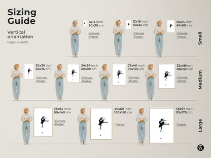 Sizing guide for vertical minimalist ballerina artwork. Black and white dancer print available in canvas and poster options. Elegant ballet pose wall art. Choose small medium or large sizes for bedroom wall decor.