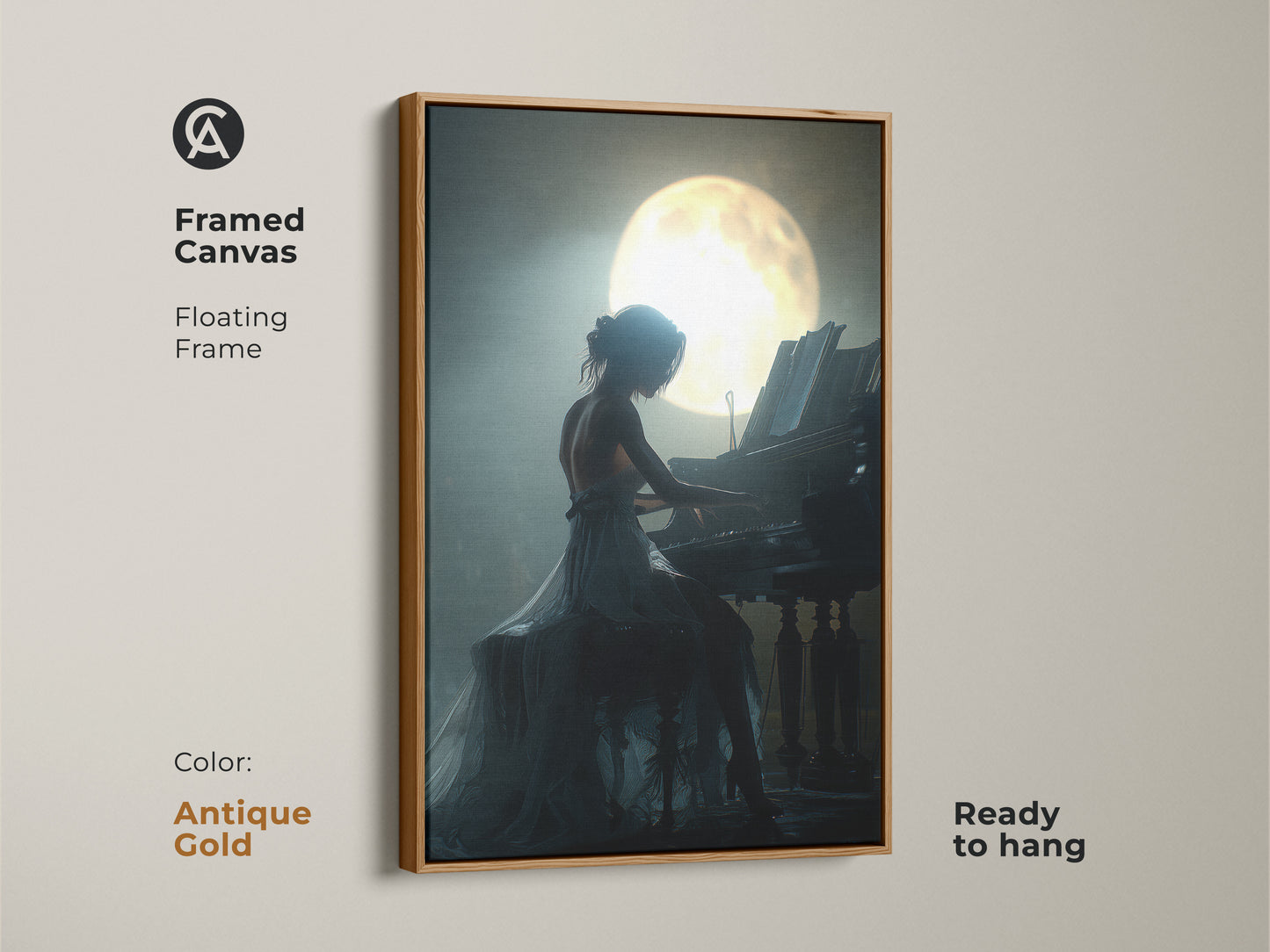Framed canvas of a woman playing piano under moonlight. The antique gold floating frame is ready to hang. The romantic music artwork uses deep blue teal colors. This musical theme decor is a great gift for music lovers. It's also a great anniversary gift wall art.