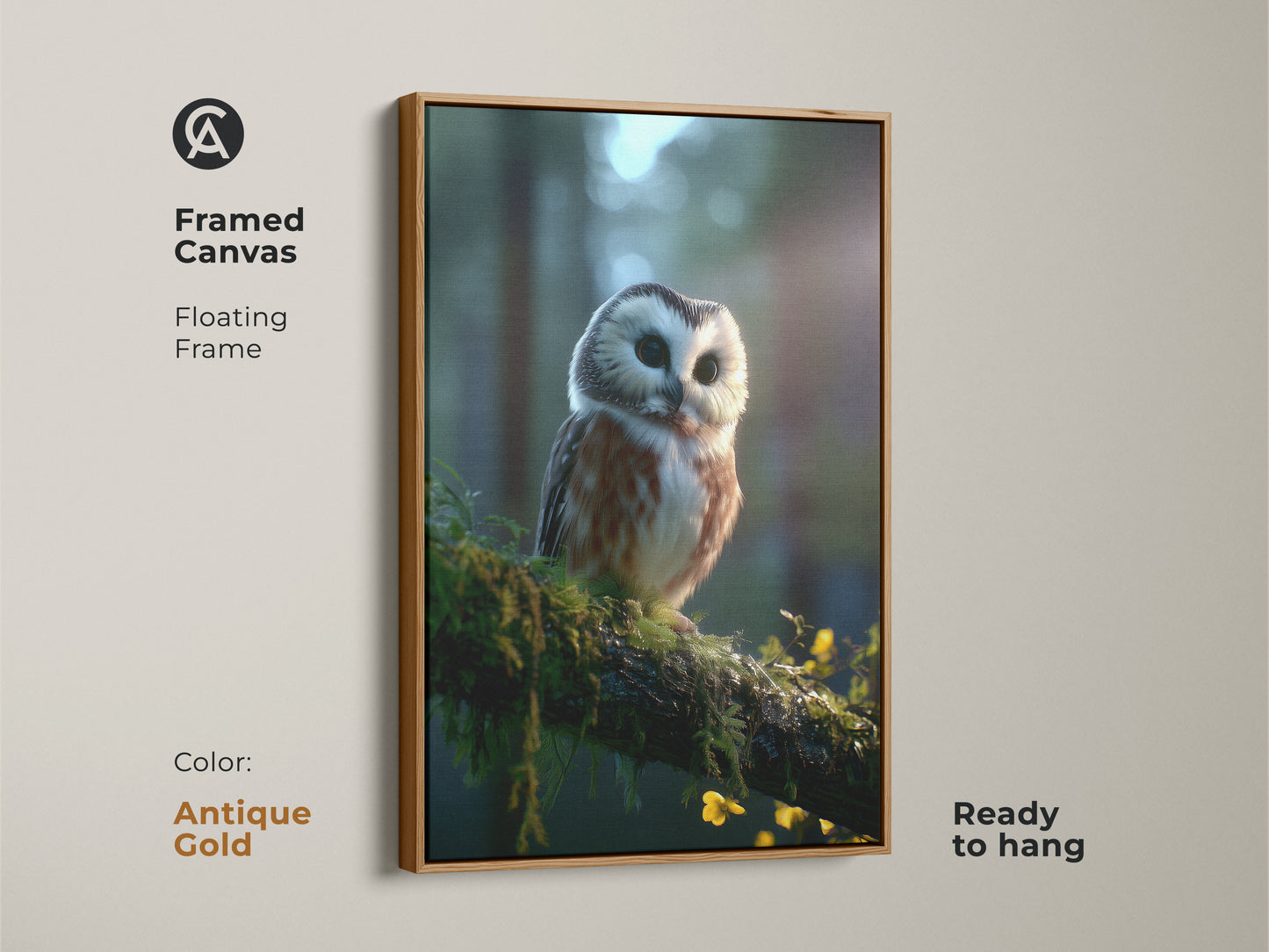 Framed canvas of a forest wildlife owl with a floating antique gold frame. This rustic nature decor shows an owl perched on a mossy branch. The natural habitat artwork is ready to hang. It is a perfect gift for countryside art lovers.