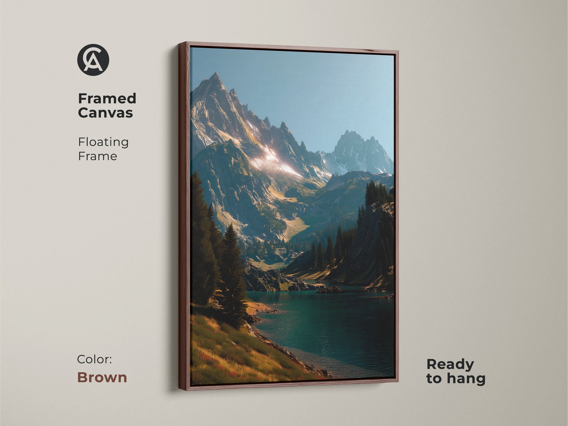 Framed canvas artwork showcasing a mountain lake scene. The floating frame adds depth. Ready to hang. The brown frame enhances the artwork's natural tones. Bring the beauty of the outdoors into your home with this art piece. Shop now for landscape art.
