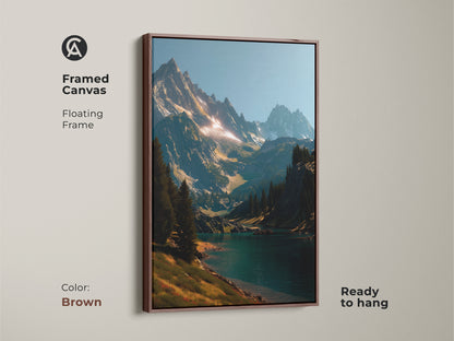 Framed canvas artwork showcasing a mountain lake scene. The floating frame adds depth. Ready to hang. The brown frame enhances the artwork's natural tones. Bring the beauty of the outdoors into your home with this art piece. Shop now for landscape art.