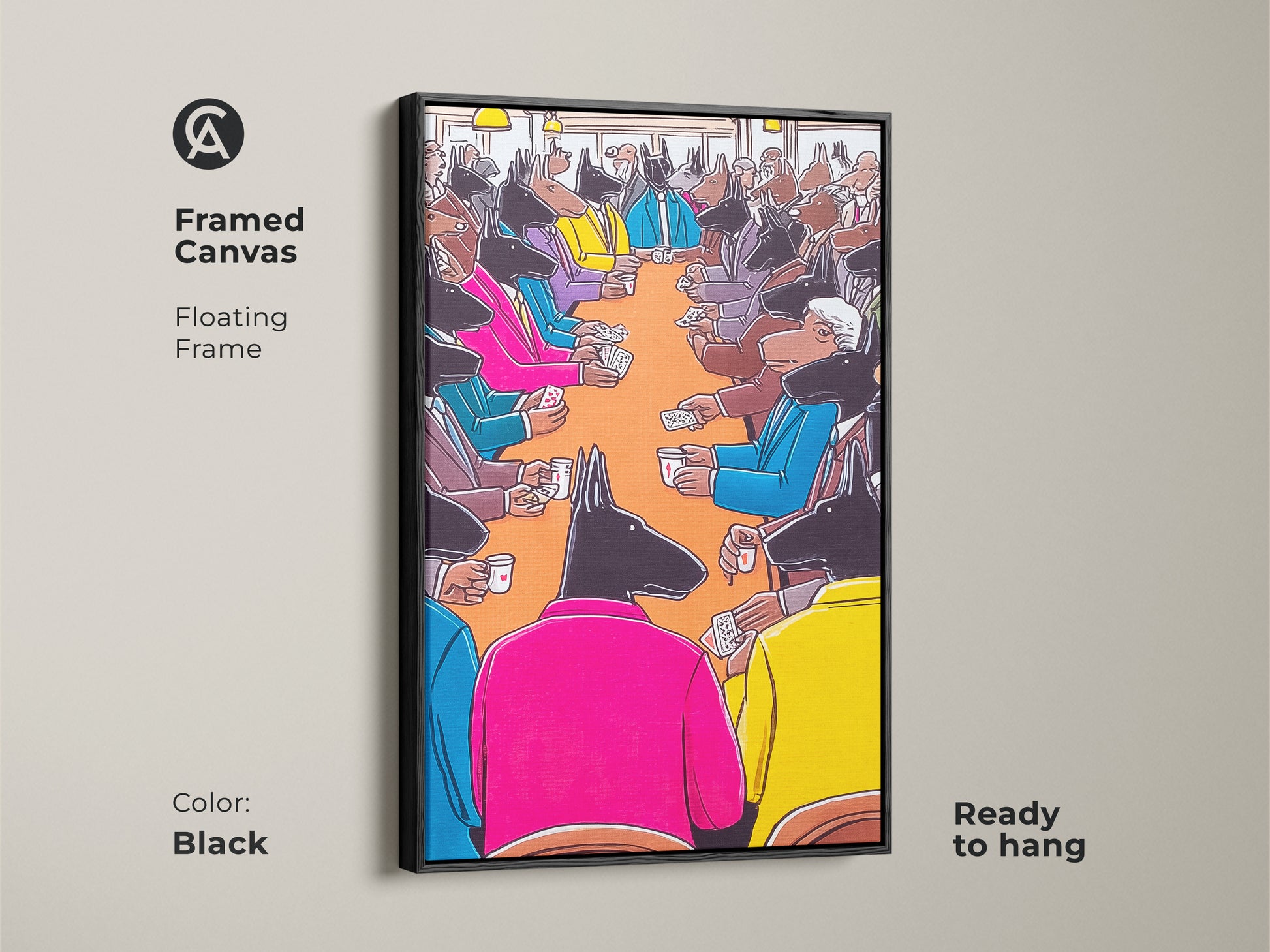 Framed canvas featuring dogs playing poker. Black floating frame showcases the artwork. This surreal dog art is ready to hang. An eclectic animal artwork for office or den wall decor. This cartoon dog print makes a great dog owner gift.