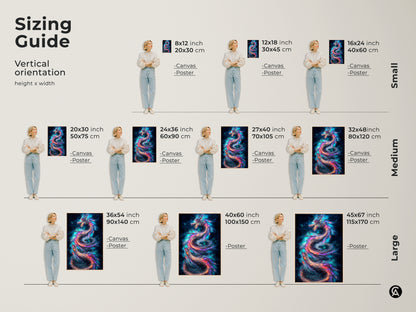 Sizing guide for cosmic dragon canvas and poster prints. Vertical orientation height and width options are shown. Sizes range from small to large. The sizes are 8x12 inch to 45x67 inch. Perfect for any space.