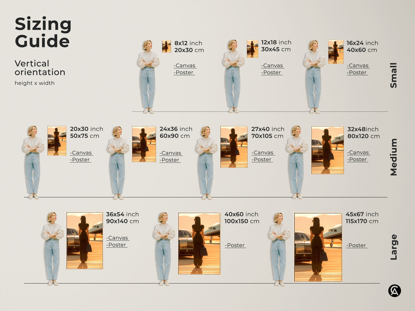 Sizing guide for vertical artwork featuring a woman with a private jet. Available as canvas or poster. Sizes range from small to large. Find the perfect size for your space. This glamorous travel lifestyle wall art is a great gift.