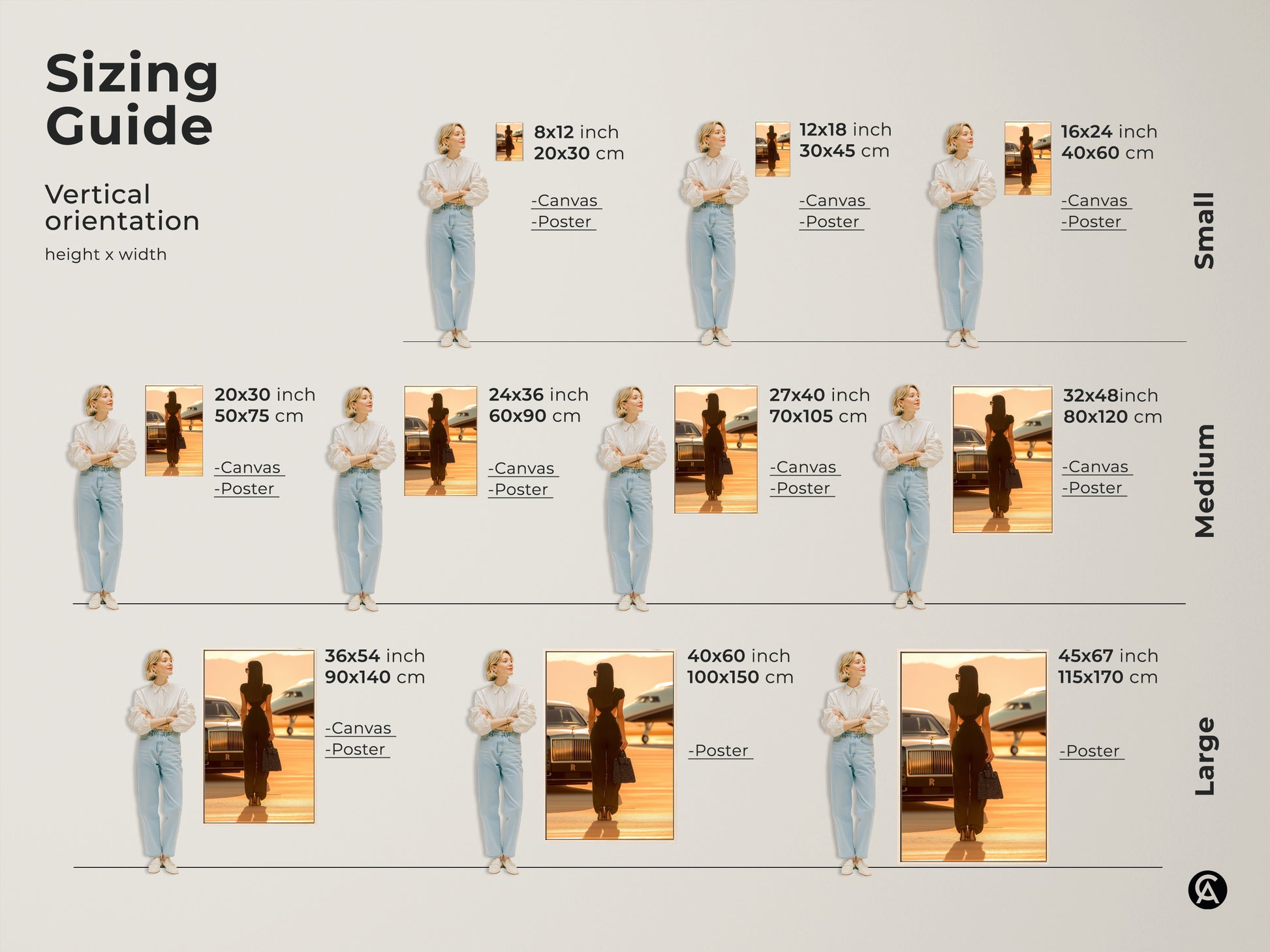 Sizing guide for vertical artwork featuring a woman with a private jet. Available as canvas or poster. Sizes range from small to large. Find the perfect size for your space. This glamorous travel lifestyle wall art is a great gift.