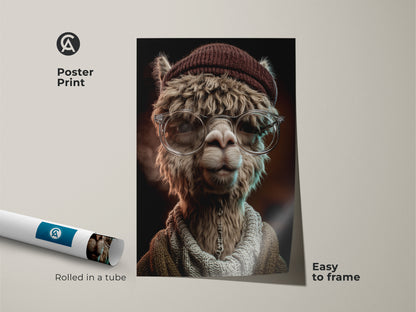 Poster print of an Alpaca with glasses artwork. The beige brown tones offer a neutral palette. Perfect for framing and easy to display. An eclectic study room decor piece for animal art enthusiasts.