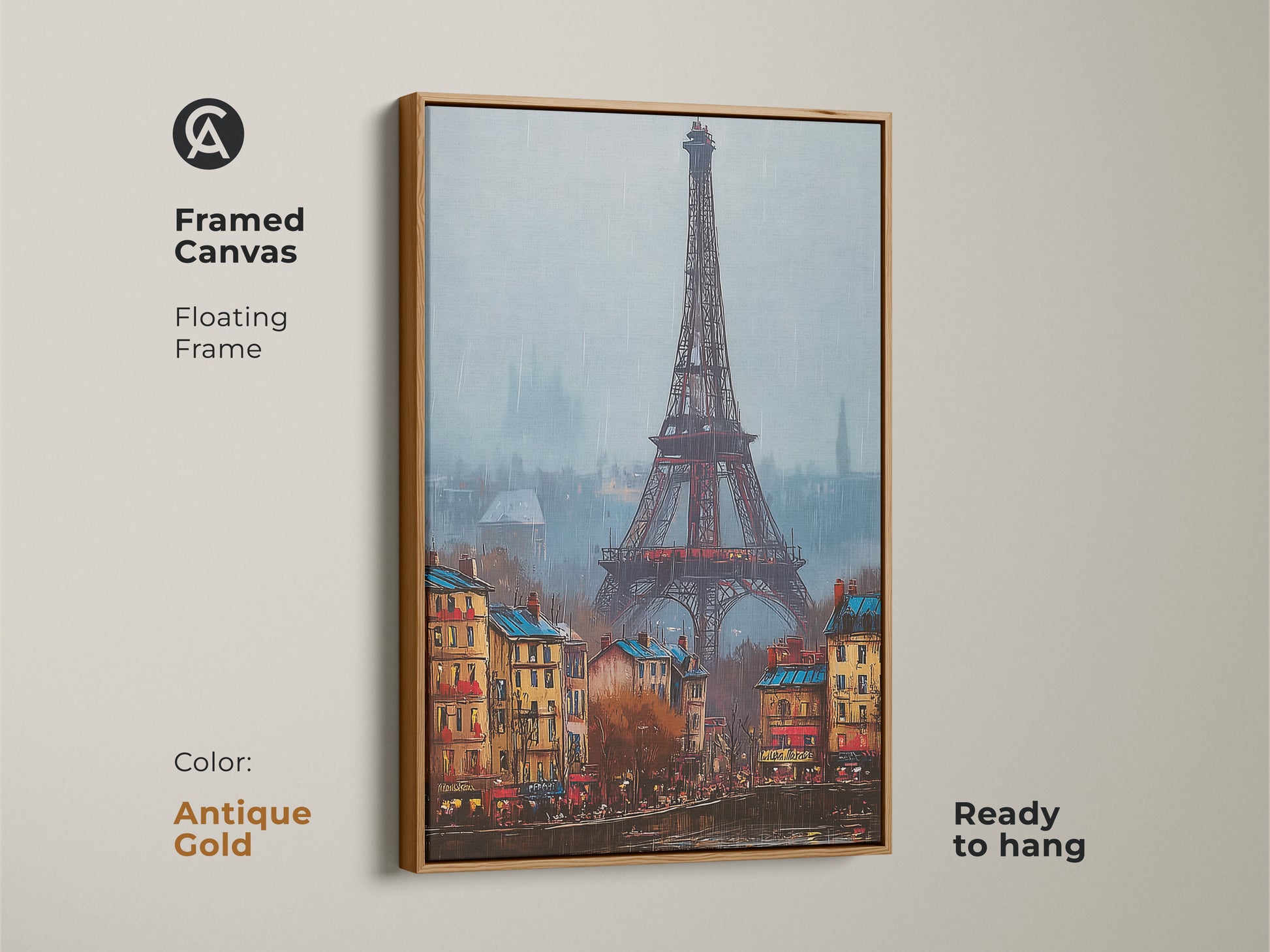 Framed canvas artwork of the Eiffel Tower with an antique gold floating frame. The scene showcases the famous Parisian landmark and architecture. Ready to hang wall decor for a refined touch in any space.