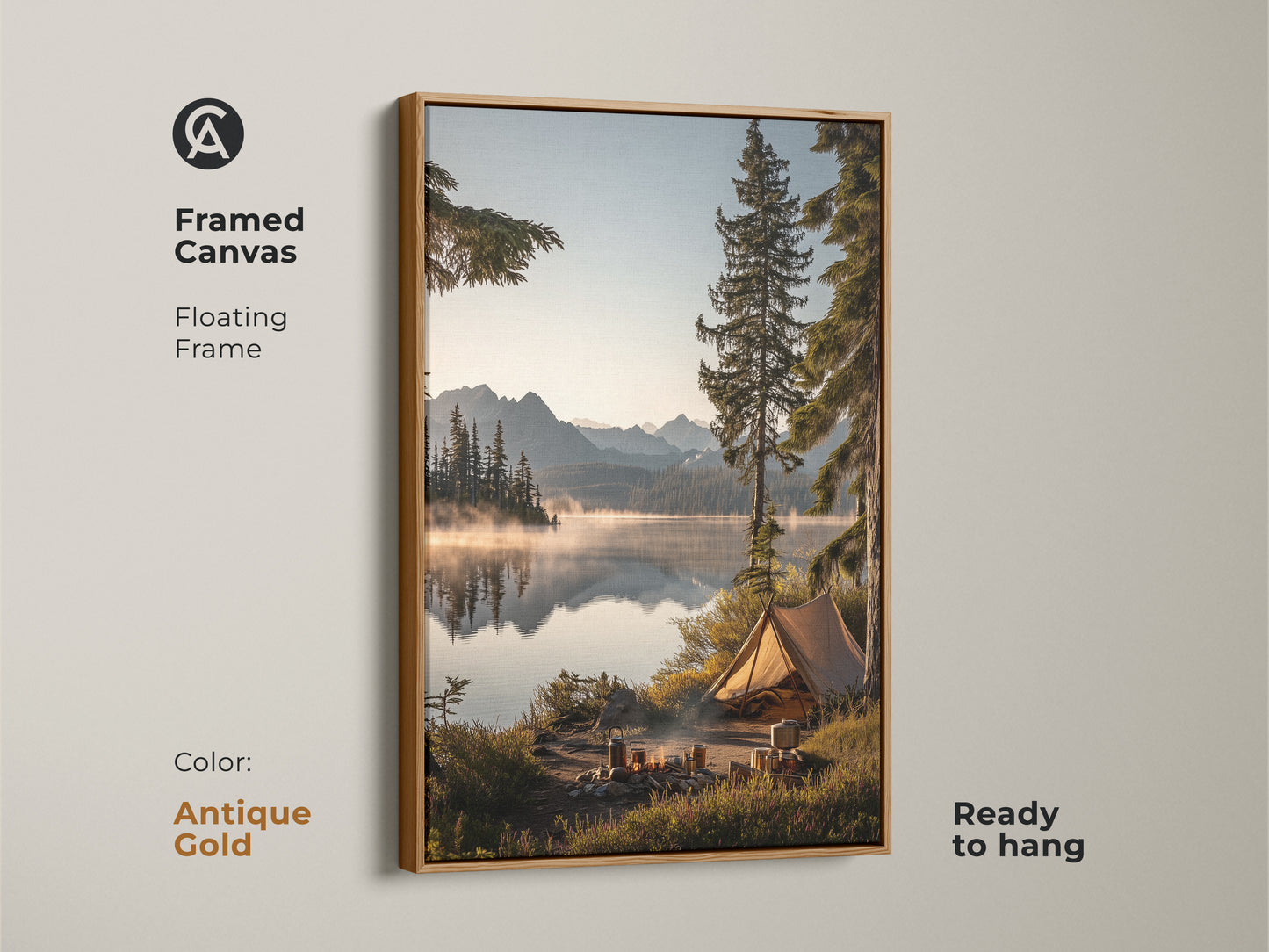 Framed canvas in antique gold with mountain lake camping art. The floating frame accentuates this outdoor adventure wall decor. It shows a rustic tent canvas print. Ready to hang this nature landscape adds a cozy cabin art touch. This serene lake view print makes a great housewarming gift.