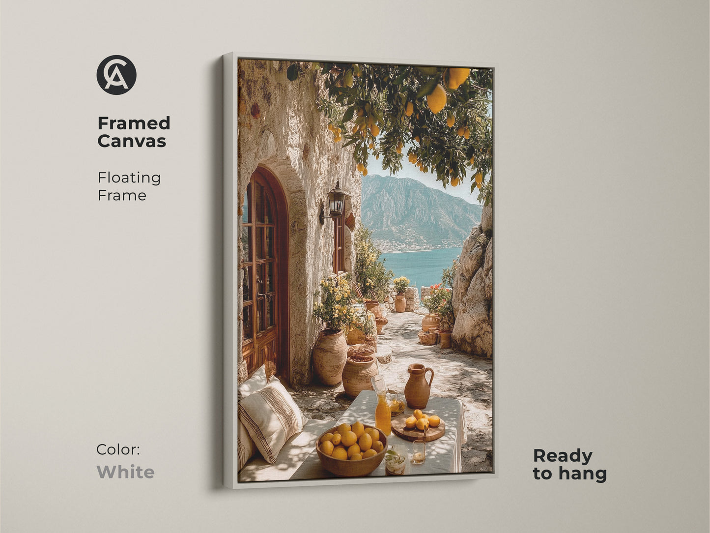 Framed Canvas print of Mediterranean Lemon Tree art in a white floating frame. The artwork captures a coastal village scene with lemons and a blue sea view. A beautiful travel-inspired piece.