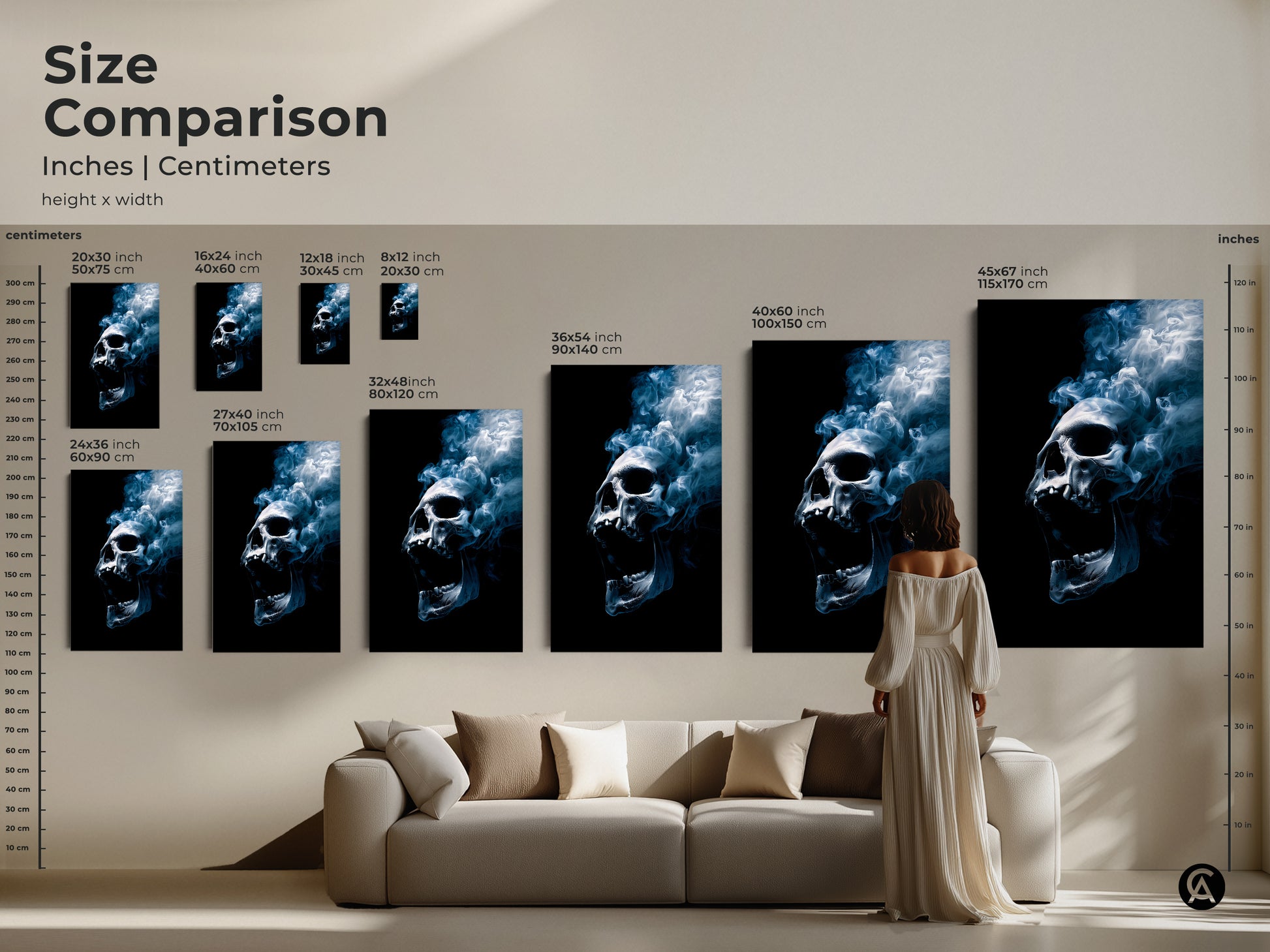 Size comparison of skull artwork in inches and centimeters. See how different sizes fit above a sofa. Choose from various dimensions to suit your space. Perfect for adding a striking focal point to your home decor with this artwork.