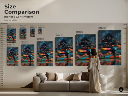 A size comparison showcasing the canvas print in various dimensions. See how the fantasy temple wall art transforms different spaces. A great choice for eclectic home decor or a housewarming present for him.