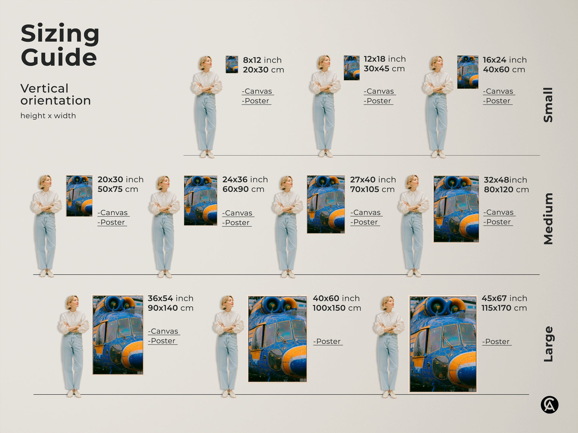 Sizing guide for helicopter art prints. Vertical orientation options are shown. Sizes range from small to medium to large. Find the perfect size for your space. Canvas and poster options are available.