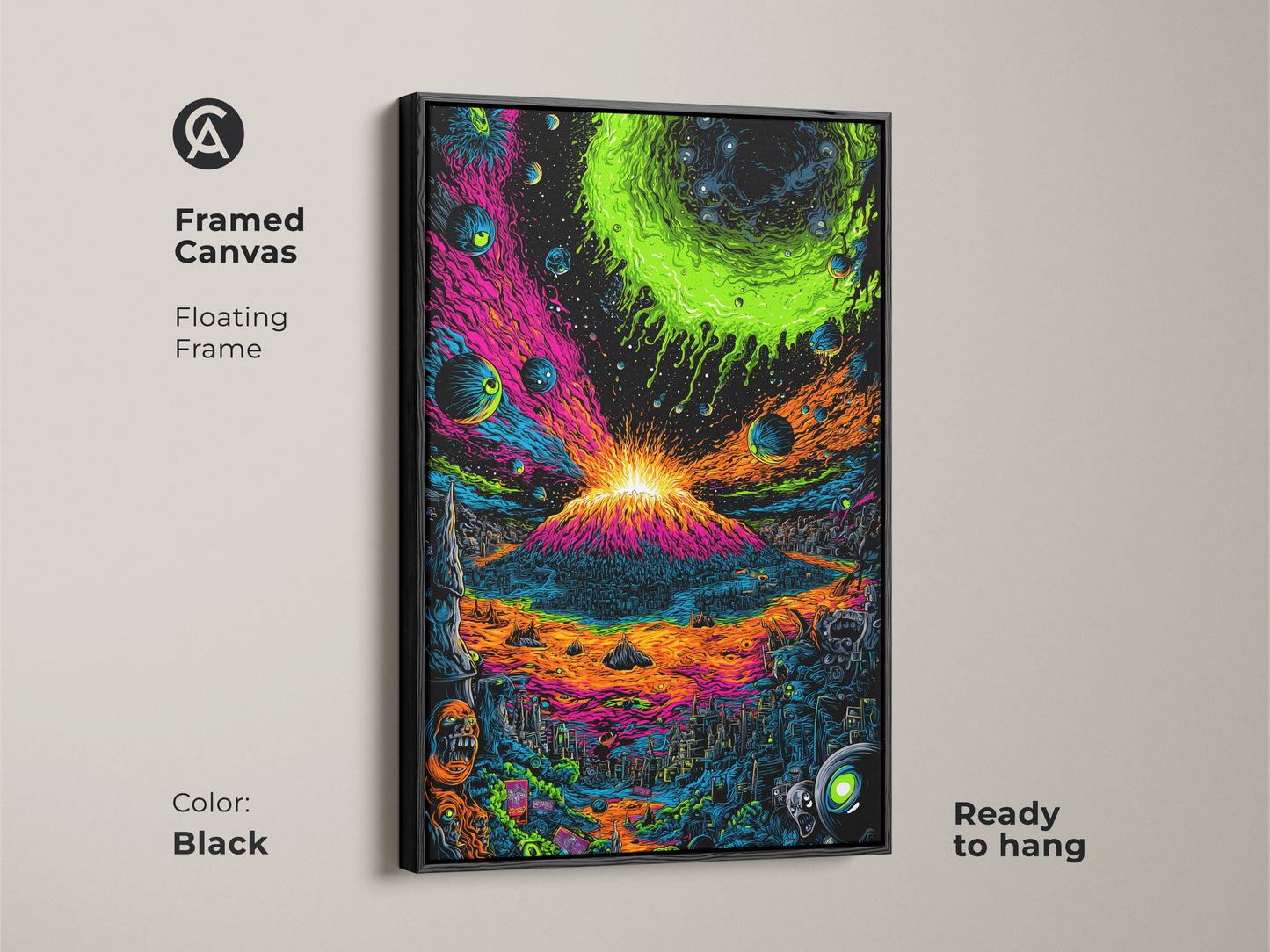 Framed canvas art featuring a colorful volcano eruption. The floating frame adds a modern touch. The artwork is ready to hang. The black frame enhances the vivid colors of the cosmic volcano scene.
