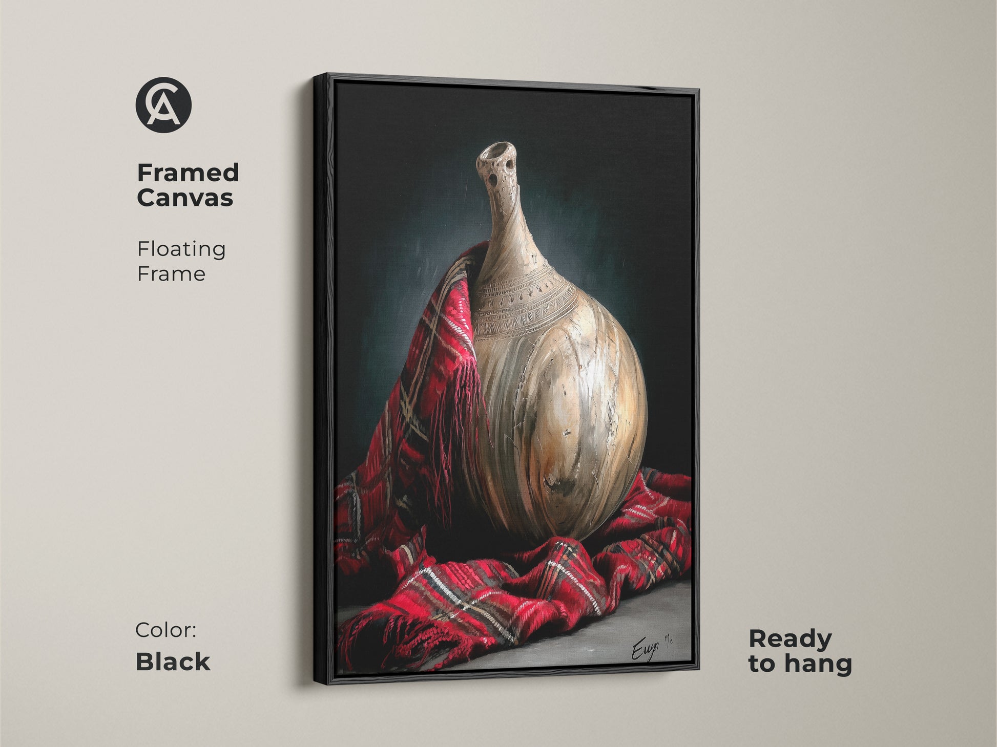 Framed canvas features a realistic still life with a pottery vase and a red plaid fabric in a black floating frame. This traditional artwork enhances your living room decor it is ready to hang and is a great gift.