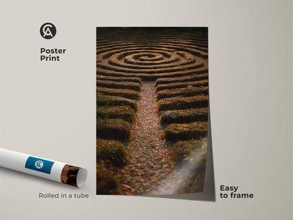 Poster print featuring a hedge maze photography print. The art is delivered rolled in a tube for easy framing. It makes unique garden wall art. The boho garden wall art features a green yellow brown landscape. This nature lovers gift art or housewarming gift wall decor brings outdoor path photo print to your home.