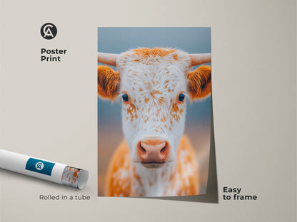 Poster print of a longhorn calf. The artwork is rolled in a tube for protection. It is easy to frame. The wall art brings nature indoors. A great addition to any animal lover's collection.