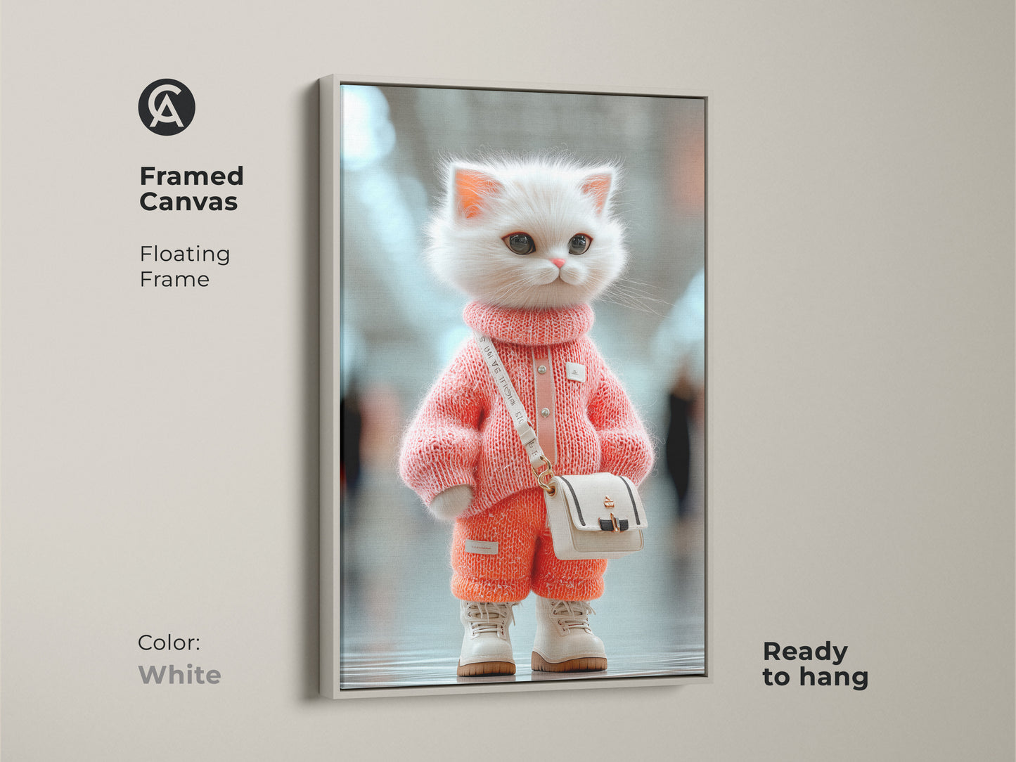 Framed canvas print with a white floating frame showcasing a fashionable kitten in a pink outfit. This ready-to-hang artwork is perfect for adding a playful touch to your decor. The white frame complements the adorable cat art.