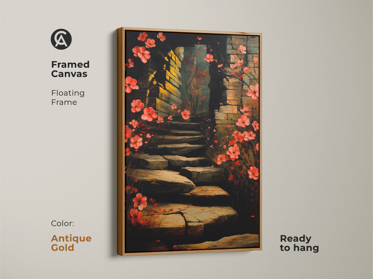 Framed botanical archway canvas art. This floral stairway artwork features a red and pink blossom print. The floating frame comes in antique gold. A romantic boho decor piece. Ready to hang it brings a unique nature-inspired aesthetic.