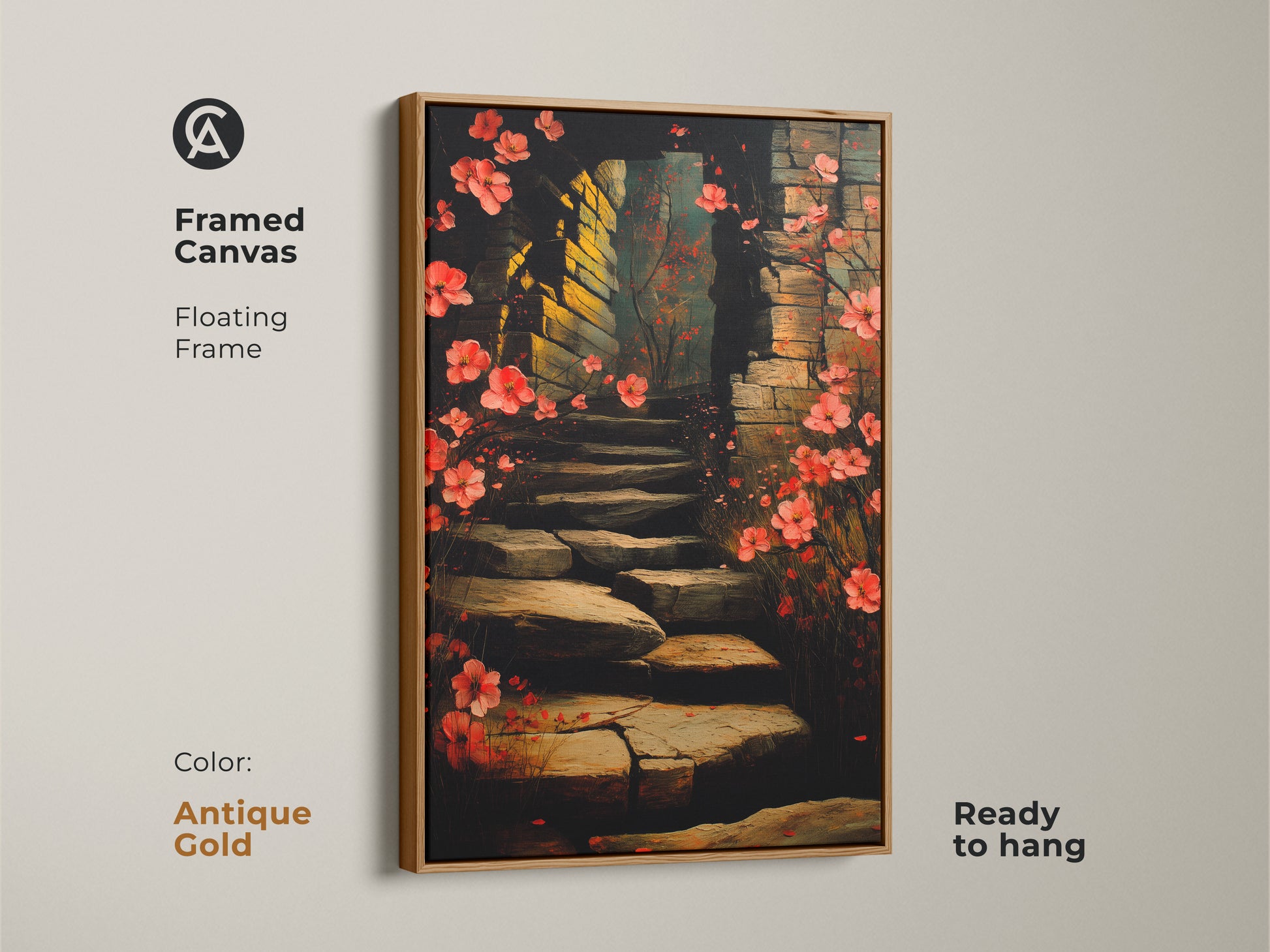 Framed botanical archway canvas art. This floral stairway artwork features a red and pink blossom print. The floating frame comes in antique gold. A romantic boho decor piece. Ready to hang it brings a unique nature-inspired aesthetic.