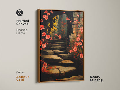 Framed botanical archway canvas art. This floral stairway artwork features a red and pink blossom print. The floating frame comes in antique gold. A romantic boho decor piece. Ready to hang it brings a unique nature-inspired aesthetic.