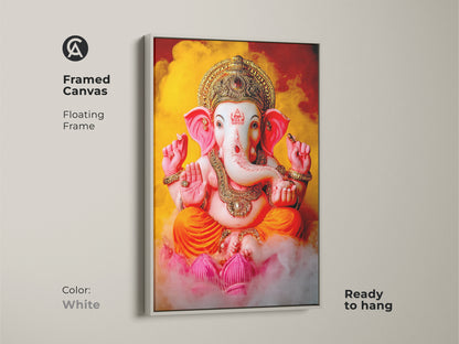 Framed canvas print of Lord Ganesha with a white floating frame. Hindu deity artwork for prayer room decor. This ready to hang Ganesha art is a spiritual Indian art piece. Vibrant colors and lotus accents. Perfect for meditation spaces.