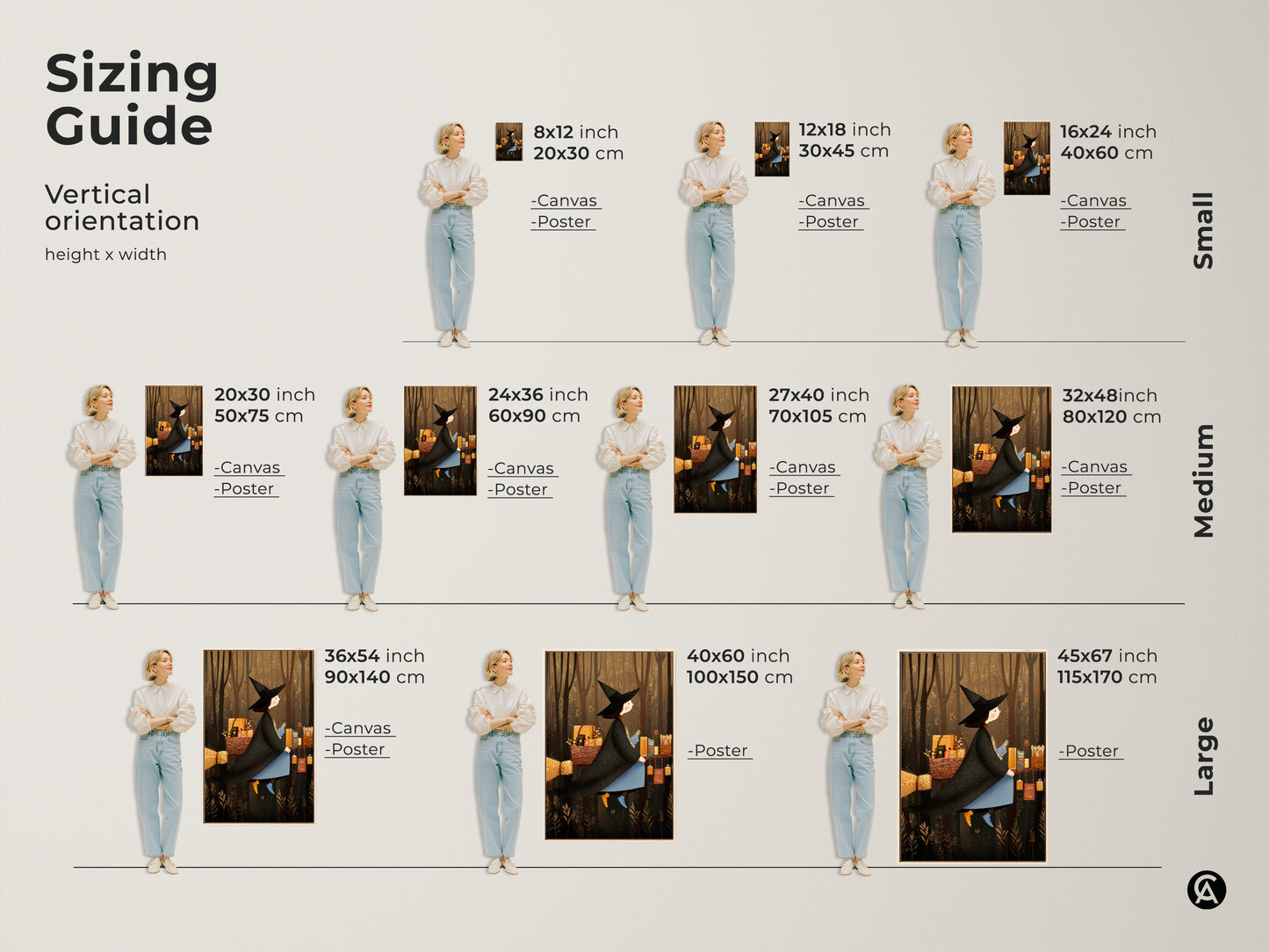 Sizing guide for vertical artwork orientation. Visualize small medium and large fantasy art prints in various sizes. Find the perfect fit for your space. Featuring witch on broomstick art print.