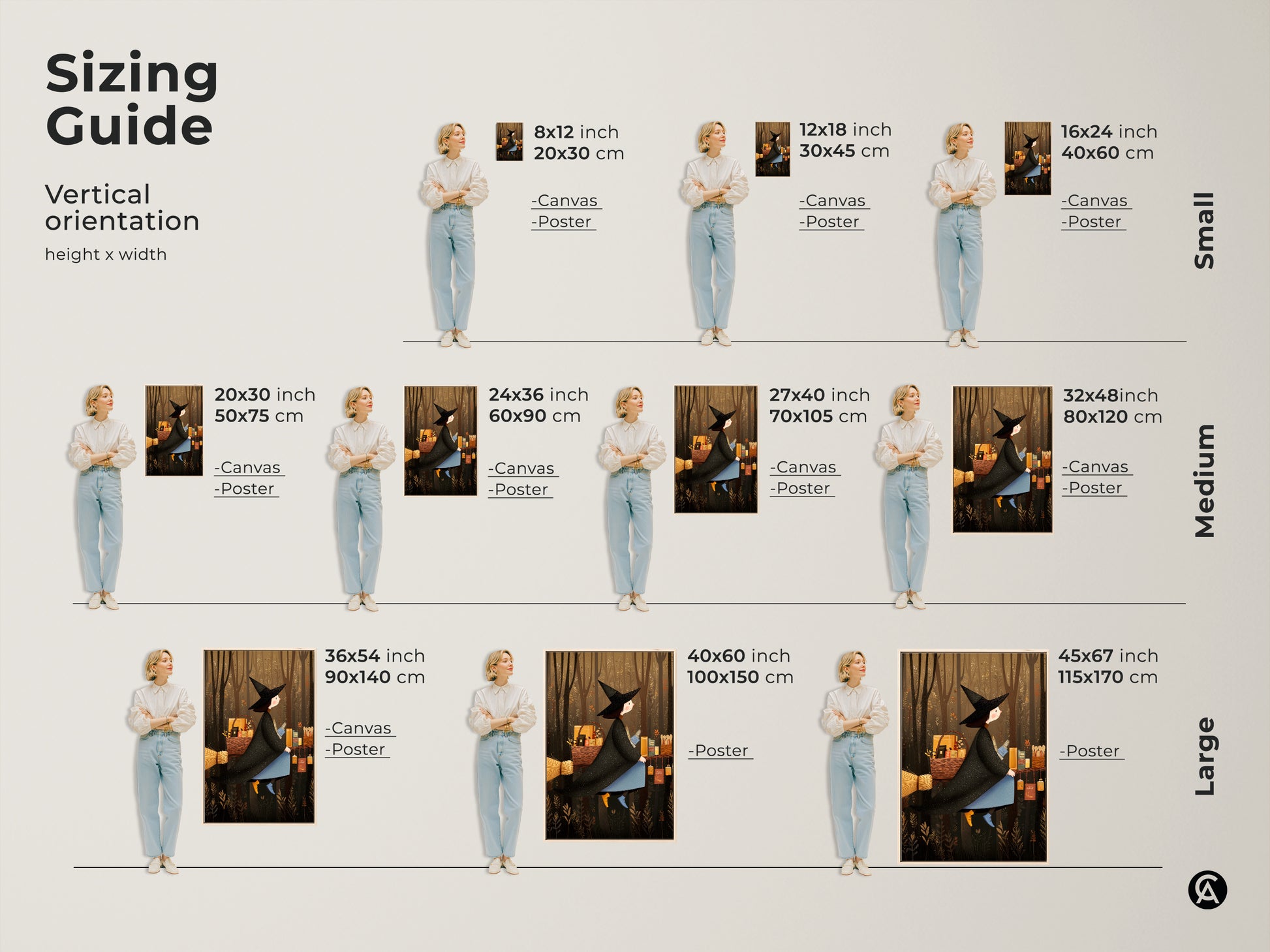 Sizing guide for vertical artwork orientation. Visualize small medium and large fantasy art prints in various sizes. Find the perfect fit for your space. Featuring witch on broomstick art print.
