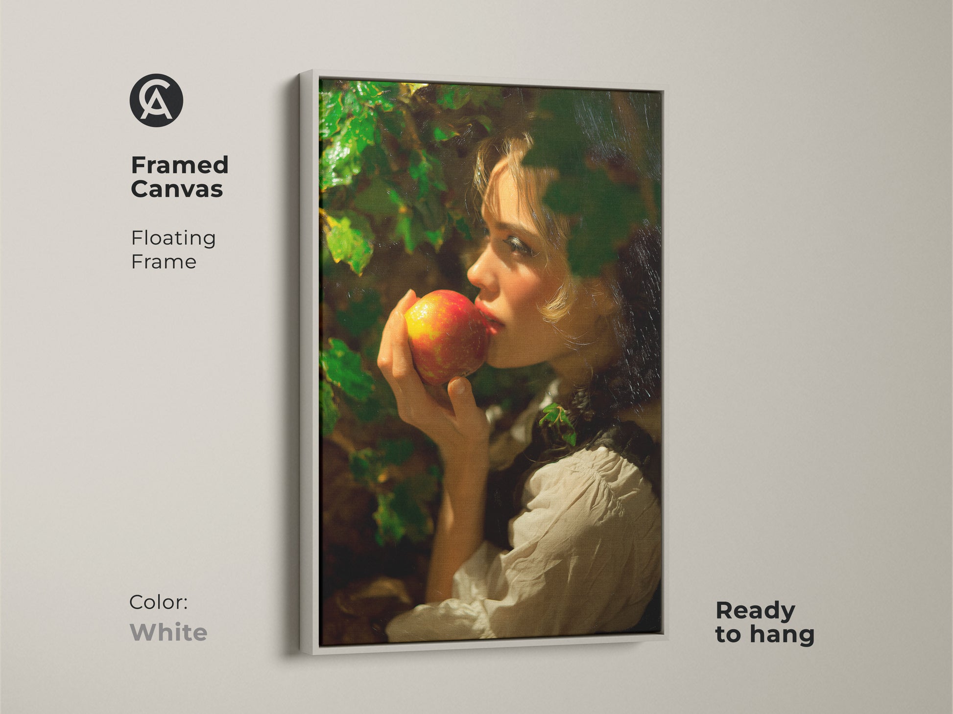 Framed canvas with a white floating frame displaying a classical realism artwork of a woman with an apple. Ready to hang this traditional art piece adds a touch of vintage charm. The red gold and green colors enhance your space.