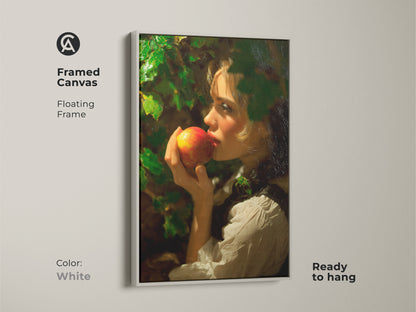 Framed canvas with a white floating frame displaying a classical realism artwork of a woman with an apple. Ready to hang this traditional art piece adds a touch of vintage charm. The red gold and green colors enhance your space.