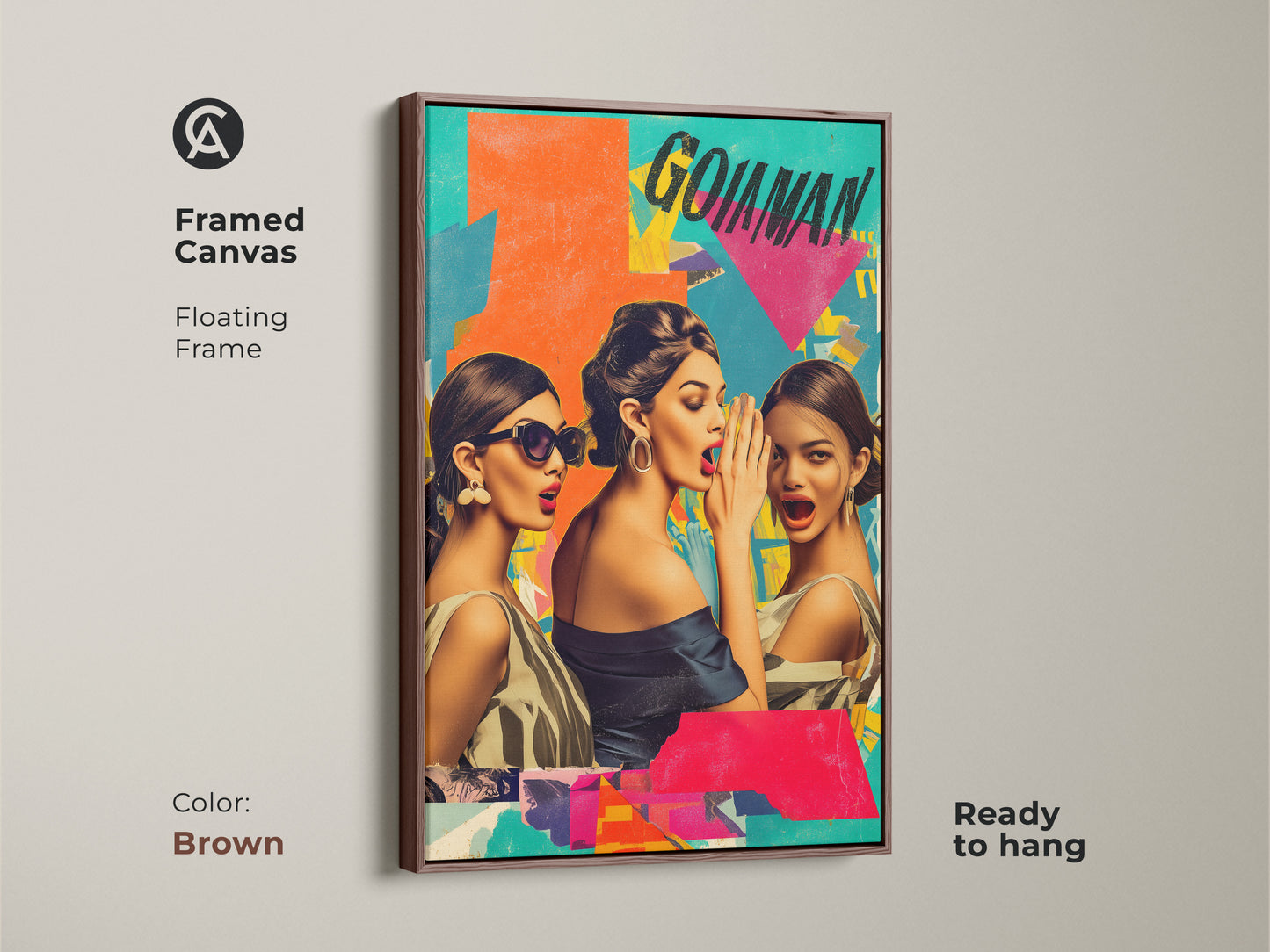 Brown framed canvas presenting retro collage art. The artwork displays women gossiping in a vintage style. This eclectic home decor makes a statement on any wall. A colorful wall art print.