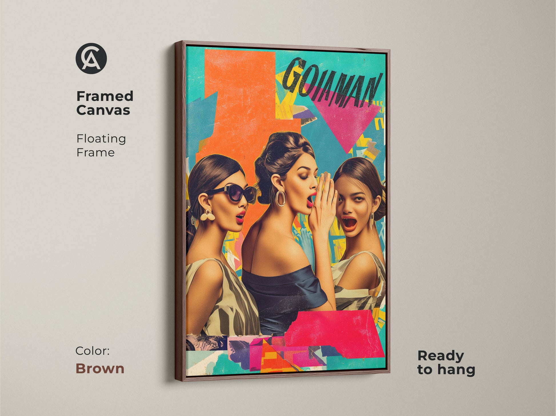 Brown framed canvas presenting retro collage art. The artwork displays women gossiping in a vintage style. This eclectic home decor makes a statement on any wall. A colorful wall art print.