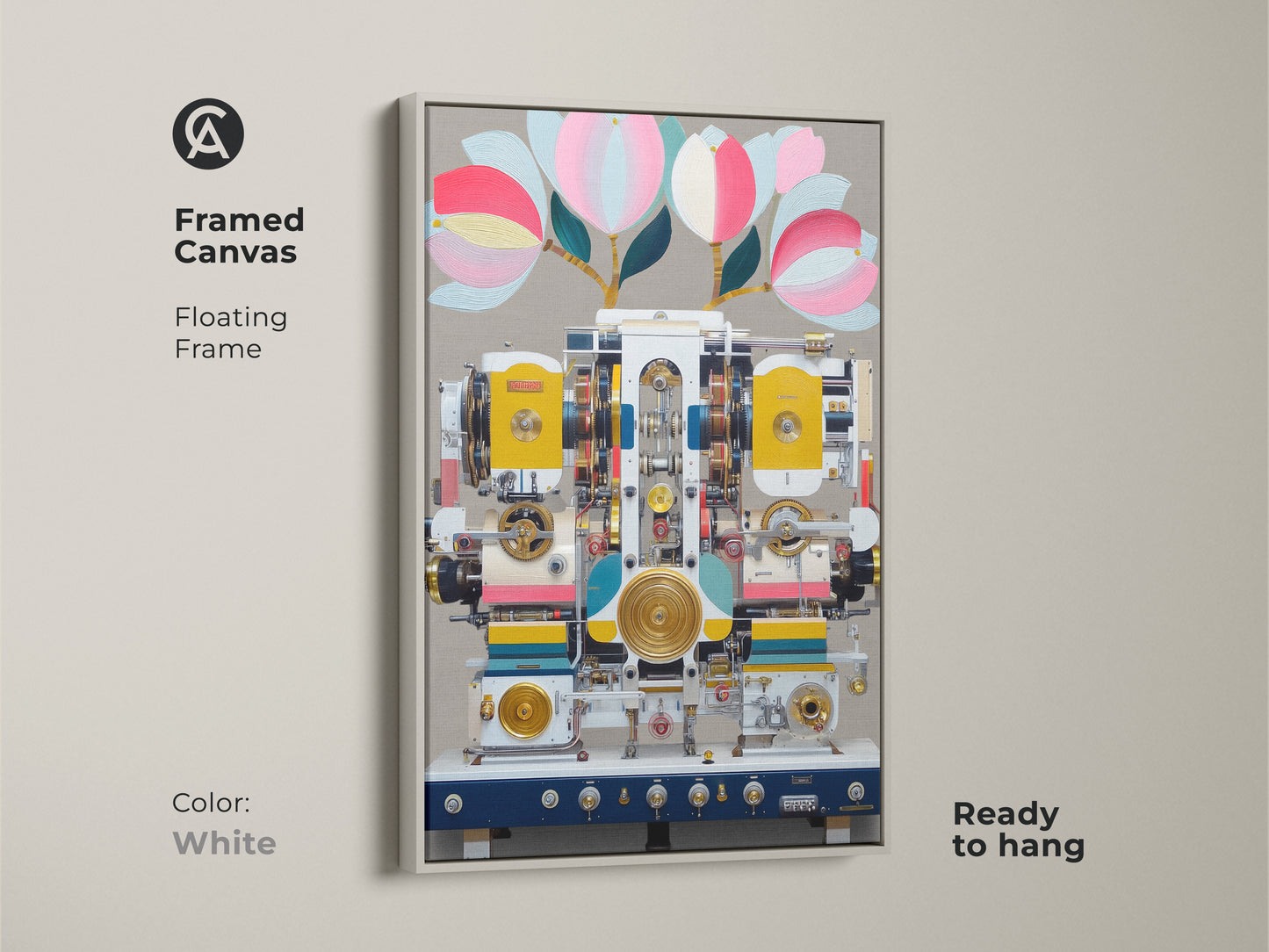 White framed canvas of surreal machine artwork. This steampunk abstract canvas is ready to hang with a floating frame. The yellow and teal colors enhance modern spaces. This botanical machine art serves as creative office wall art. It's a unique housewarming gift for lovers of imaginative art.