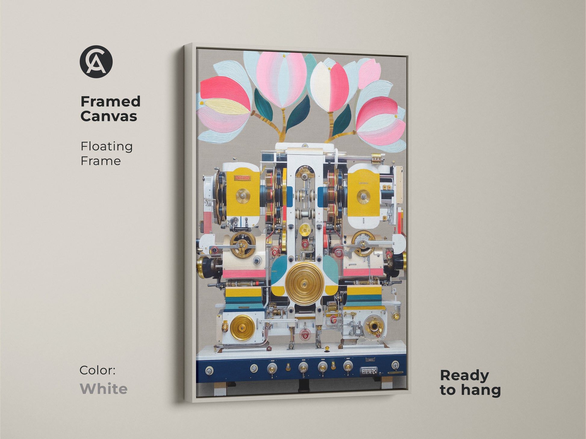 White framed canvas of surreal machine artwork. This steampunk abstract canvas is ready to hang with a floating frame. The yellow and teal colors enhance modern spaces. This botanical machine art serves as creative office wall art. It's a unique housewarming gift for lovers of imaginative art.