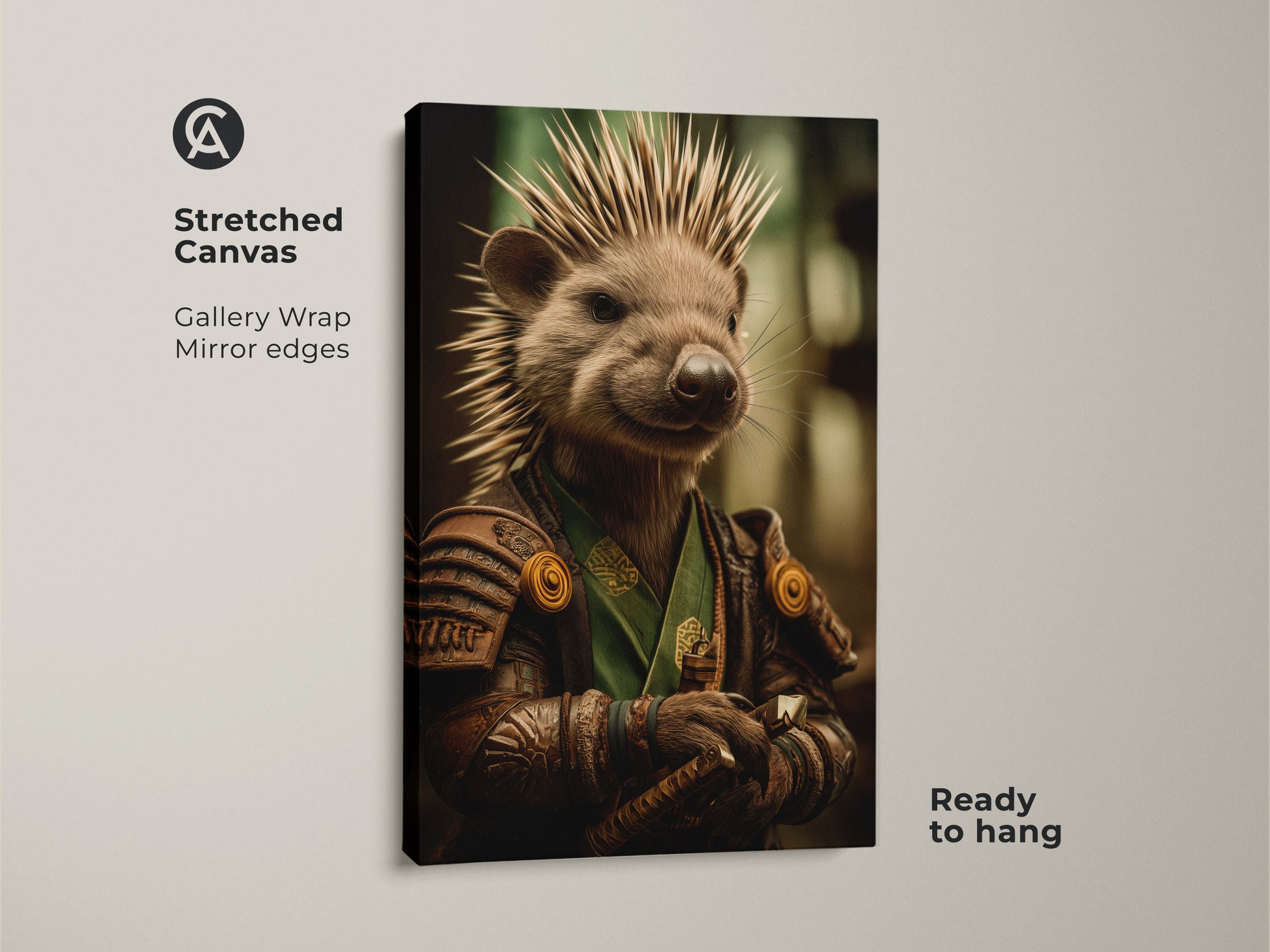 The stretched canvas presents a gallery wrap of a samurai hedgehog. The fantasy animal warrior has mirror edges. This unique green brown woodland decor is ready to hang.