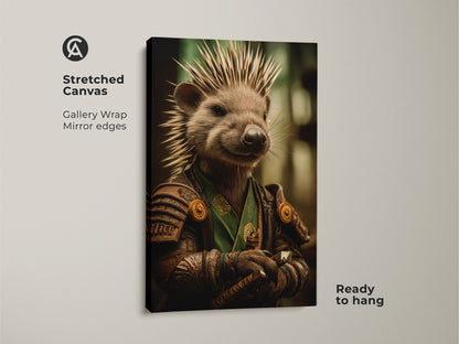 The stretched canvas presents a gallery wrap of a samurai hedgehog. The fantasy animal warrior has mirror edges. This unique green brown woodland decor is ready to hang.