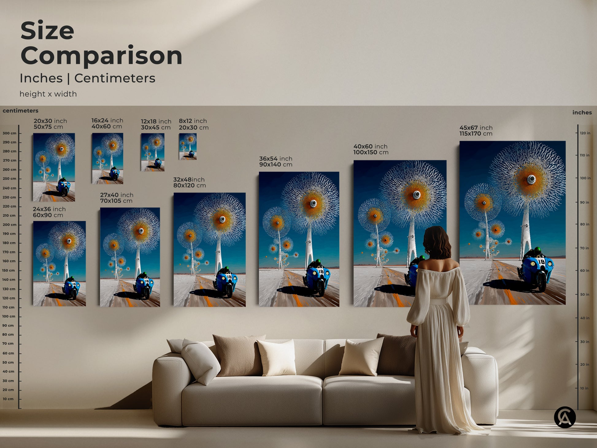 A size comparison shows surreal motorcycle canvas and posters in a living room setting. This blue orange art and futuristic dandelion artwork is perfect for any room. Visualize the impact of this abstract automotive art on your home decor.